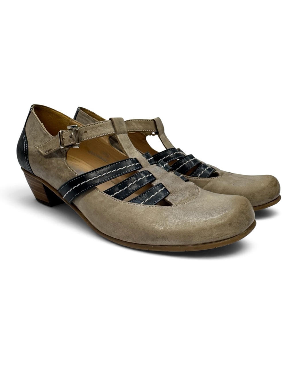 Taupe and Black/Navy T-Strap Low Heel Mary Jane Pumps Fidji Sz 9 to 9.5